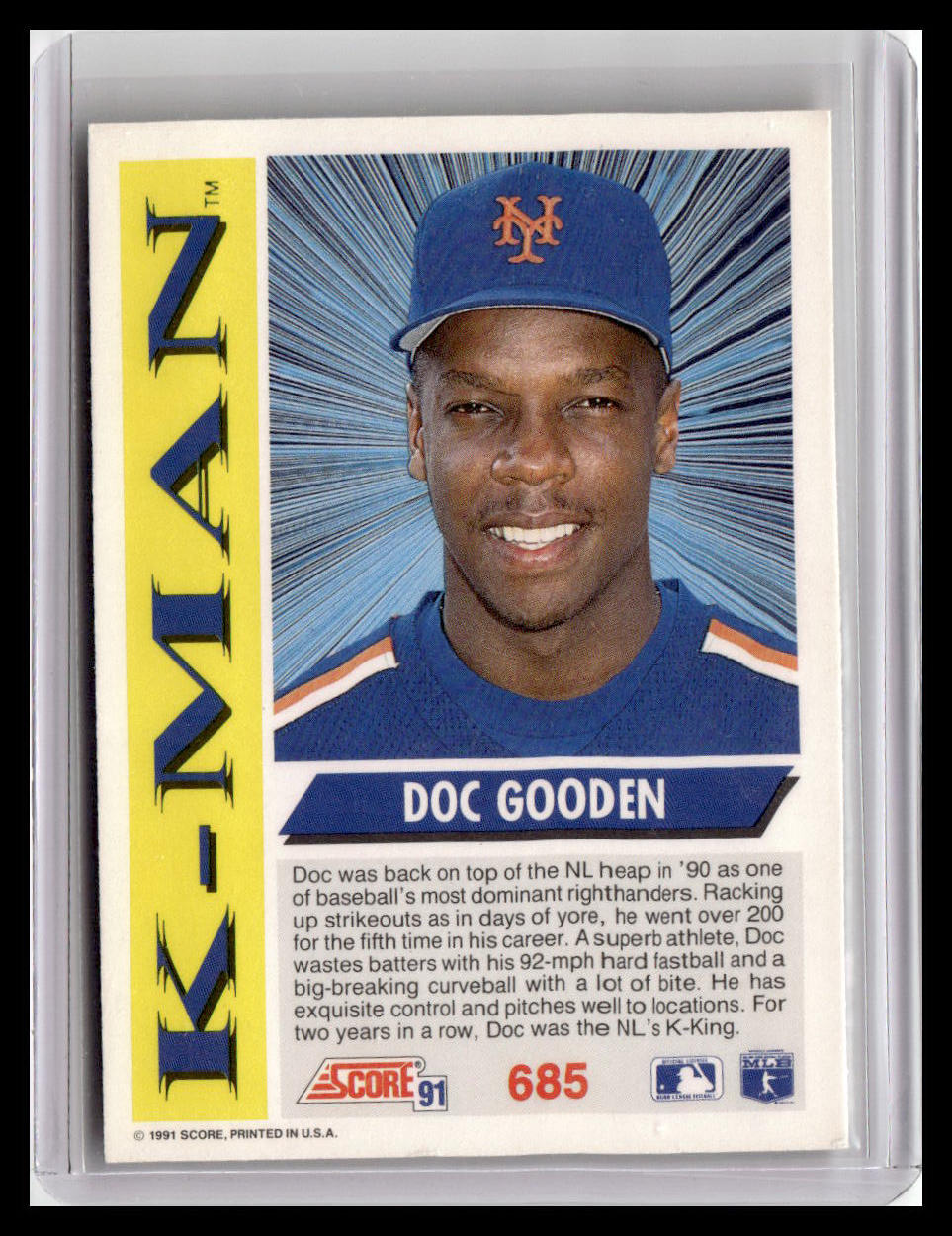 Baseball trading card of Doc Gooden with 'K-Man' branding on a white background