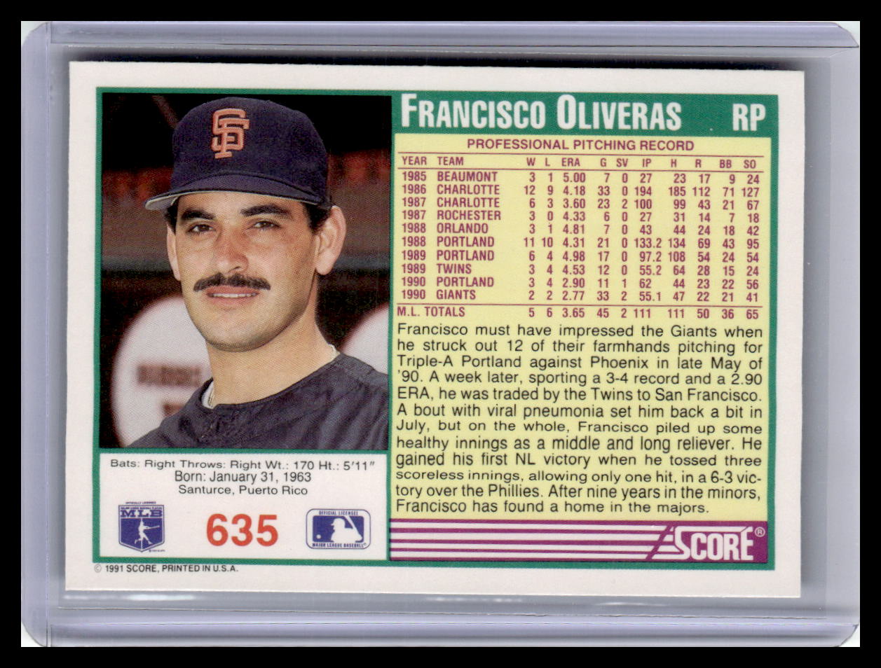 1991 Score Francisco Oliveras Teal Border #635
