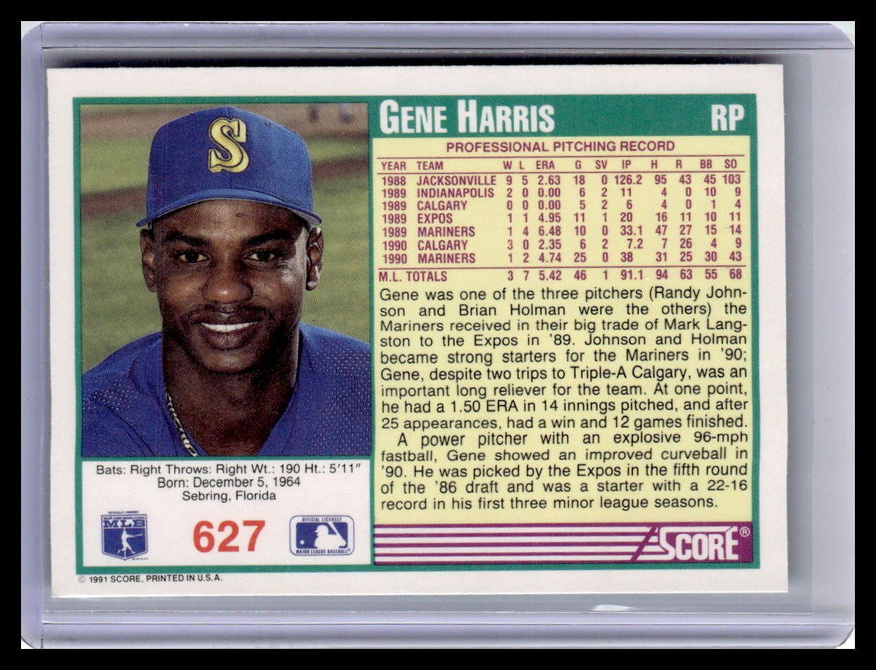 Baseball trading card of Gene Harris with player information and statistics.