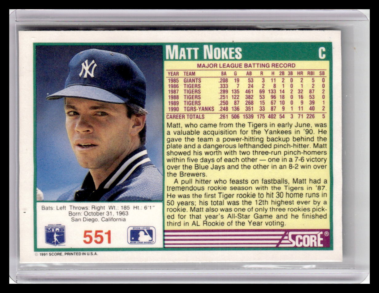 1991 Score Matt Nokes Teal Border #551