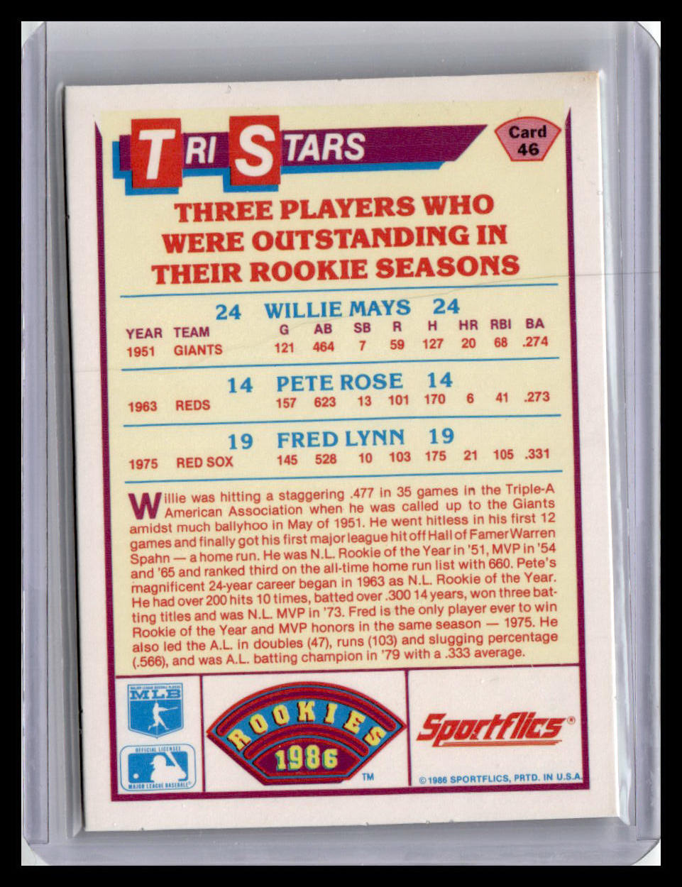 1986 Sportflics Tri Stars Rookies - Willie Mays/Pete Rose/Fred Lynn #46