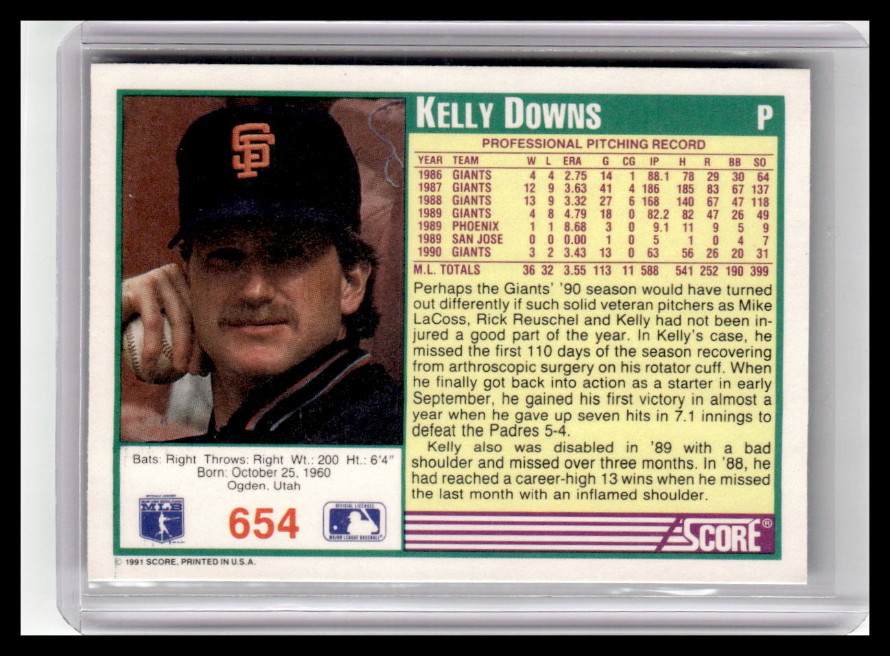 1991 Score Kelly Downs Teal Border #654