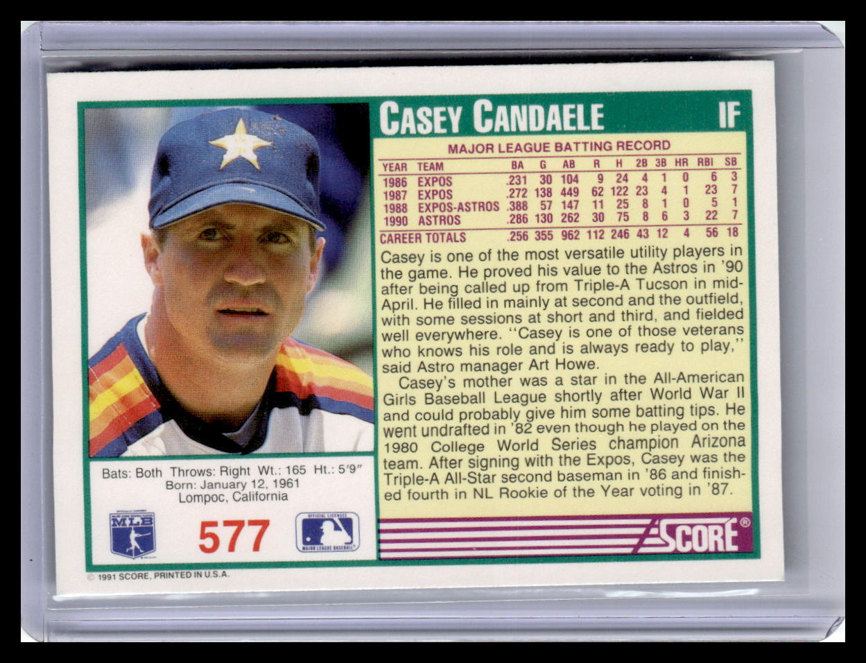 1991 Score Casey Candaele Teal Border #577