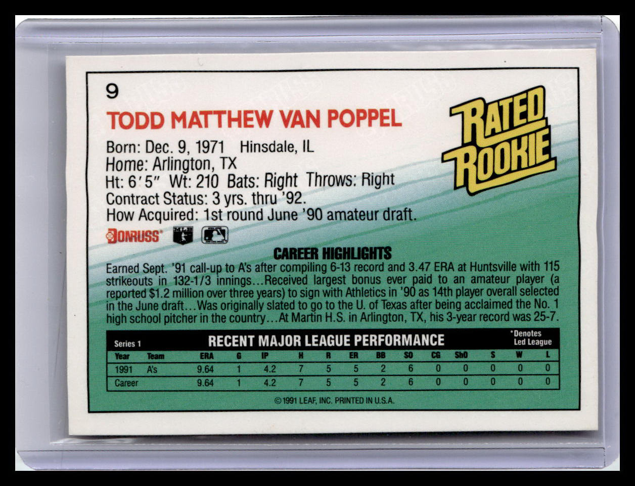 1992 Donruss Todd Van Poppel Rated Rookie #9