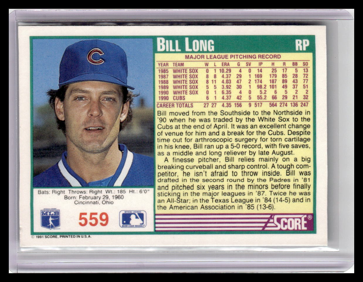 Baseball trading card of Bill Long with player information and statistics.