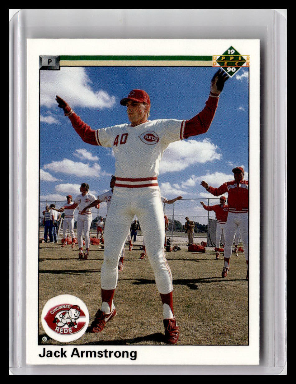 Baseball trading card of Jack Armstrong in a red and white uniform with a blue sky background.