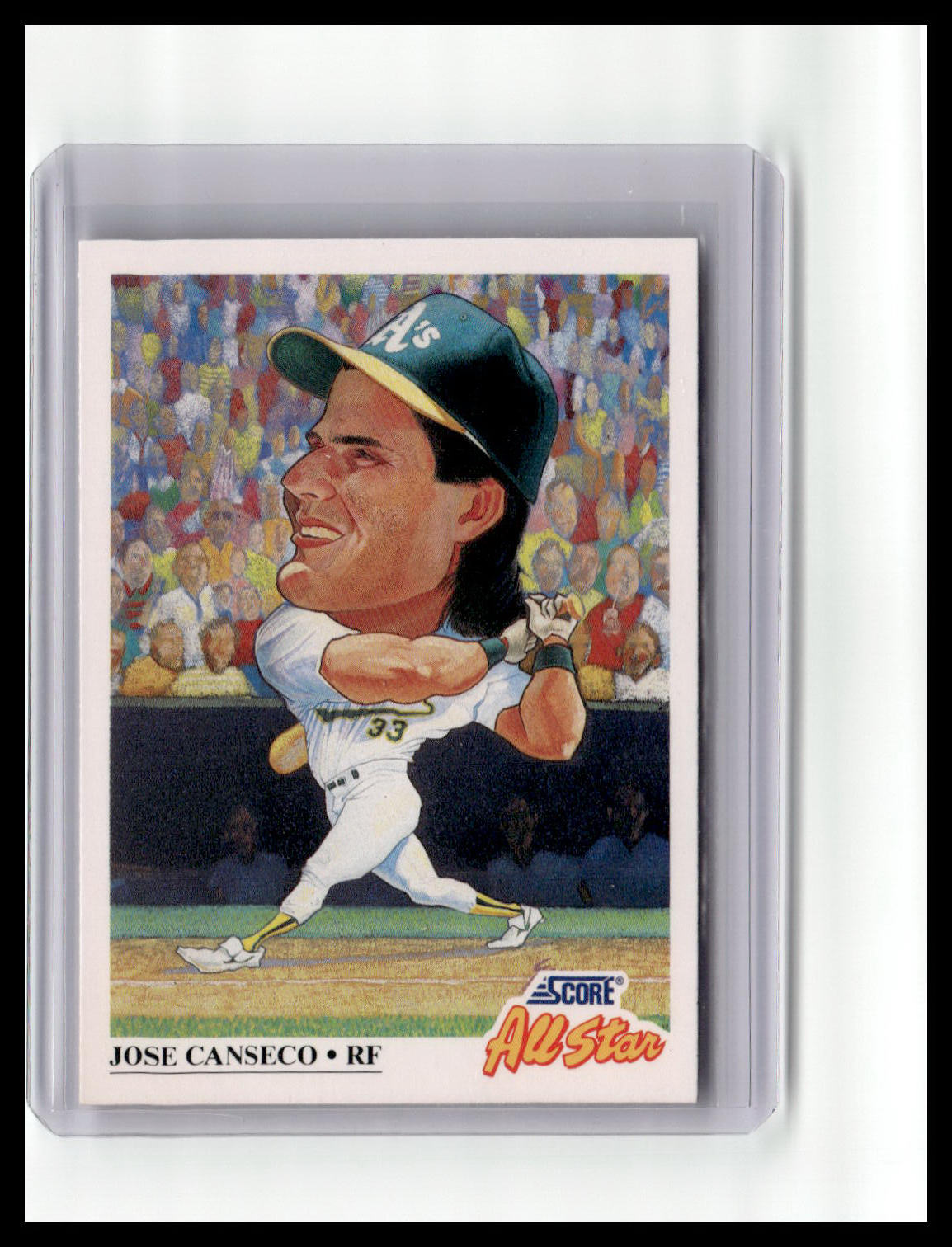 Baseball trading card of Jose Canseco with a colorful background