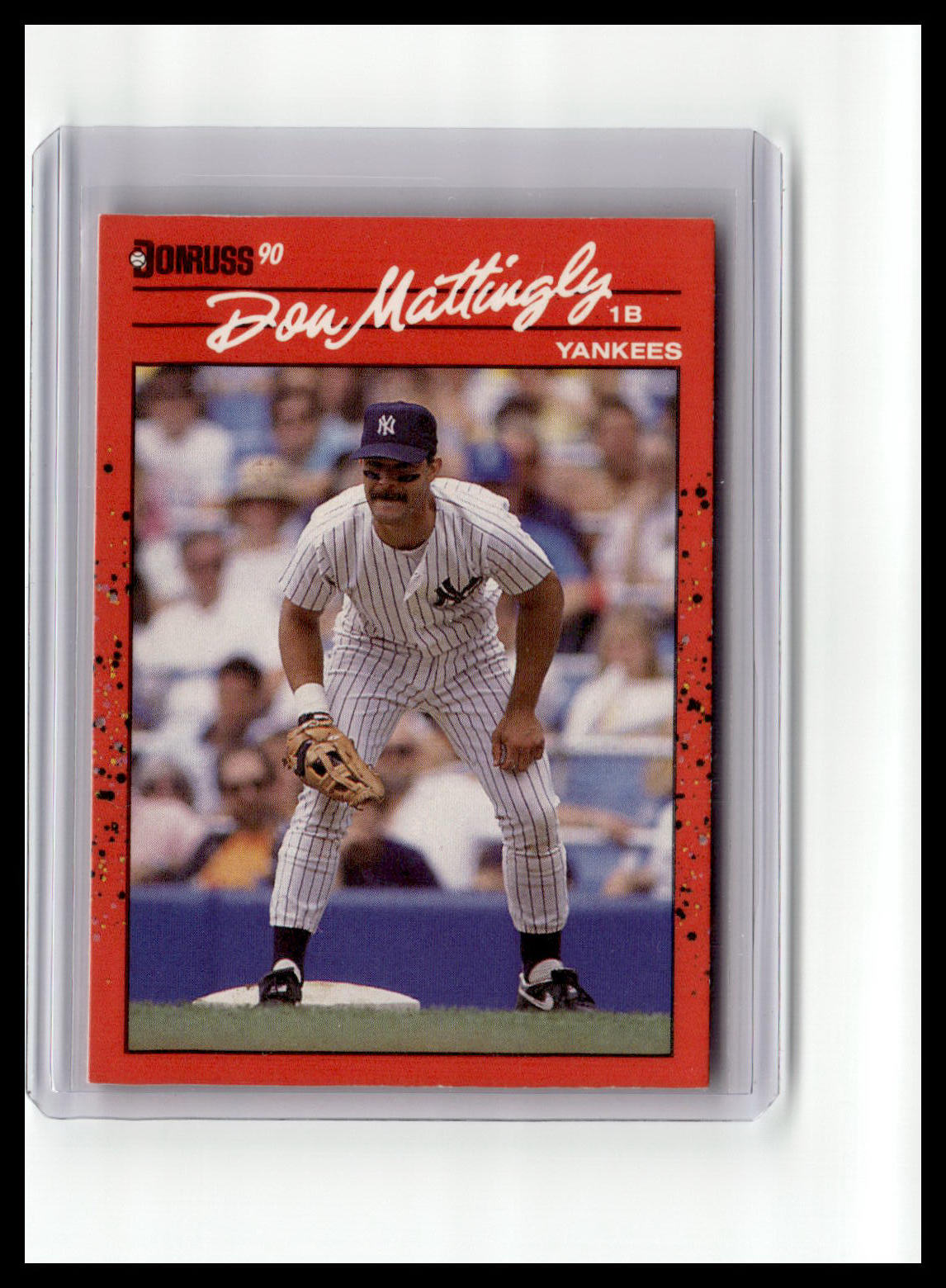 Baseball trading card of Don Mattingly with a red border and 'Yankees' logo.