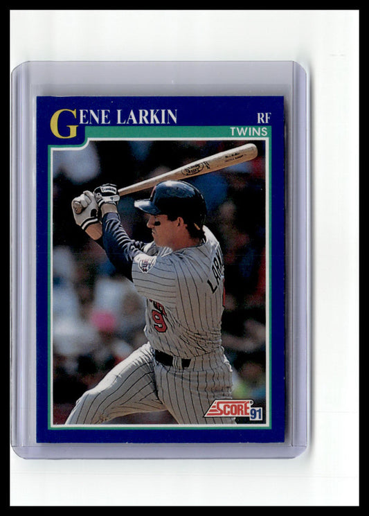 Baseball trading card of Gene Larkin in a Twins uniform with a bat