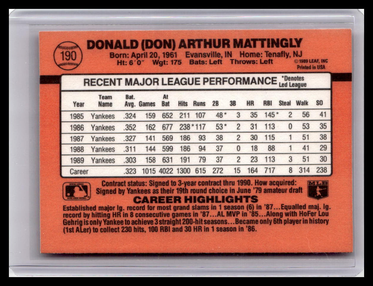 Baseball trading card back featuring Donald (Don) Arthur Mattingly's statistics and career highlights.