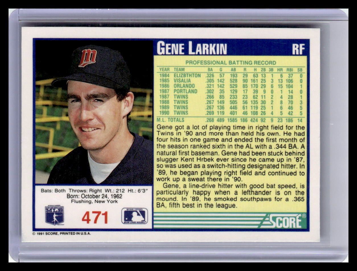 Baseball trading card of Gene Larkin with player information and statistics.