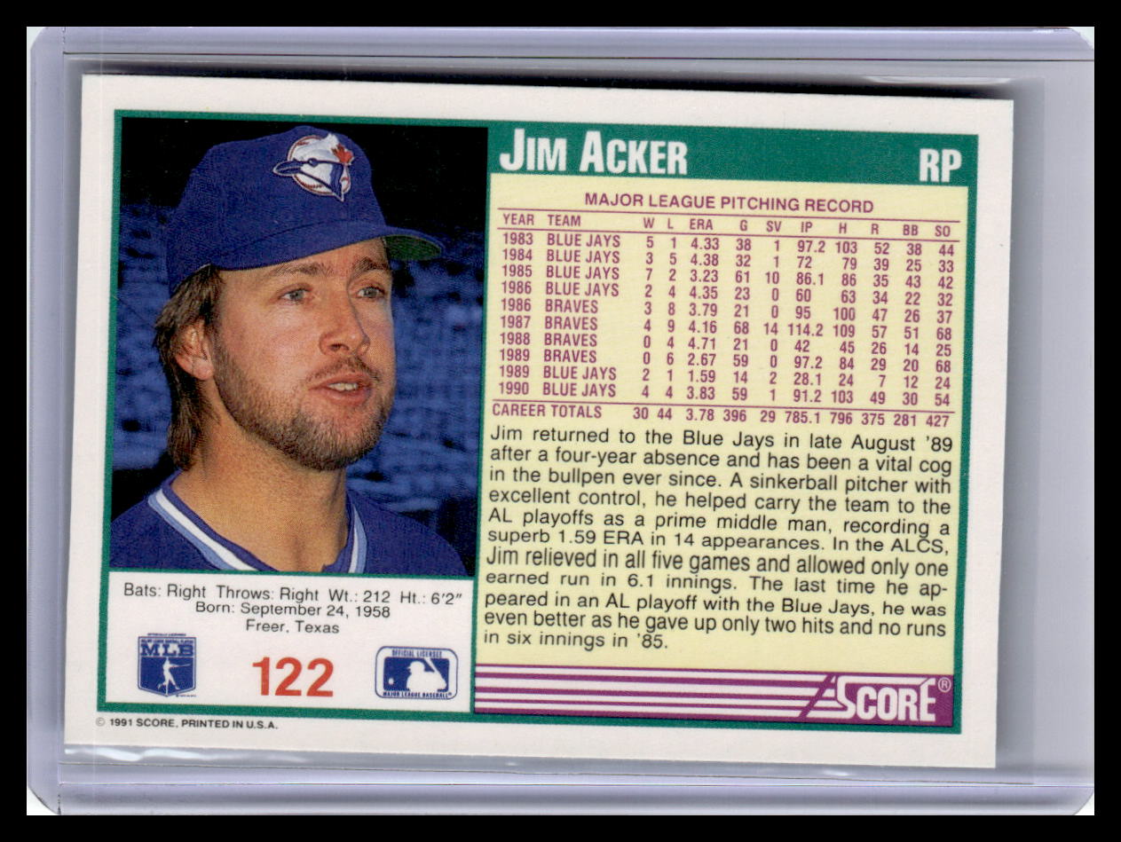1991 Score Jim Acker Teal Border #122