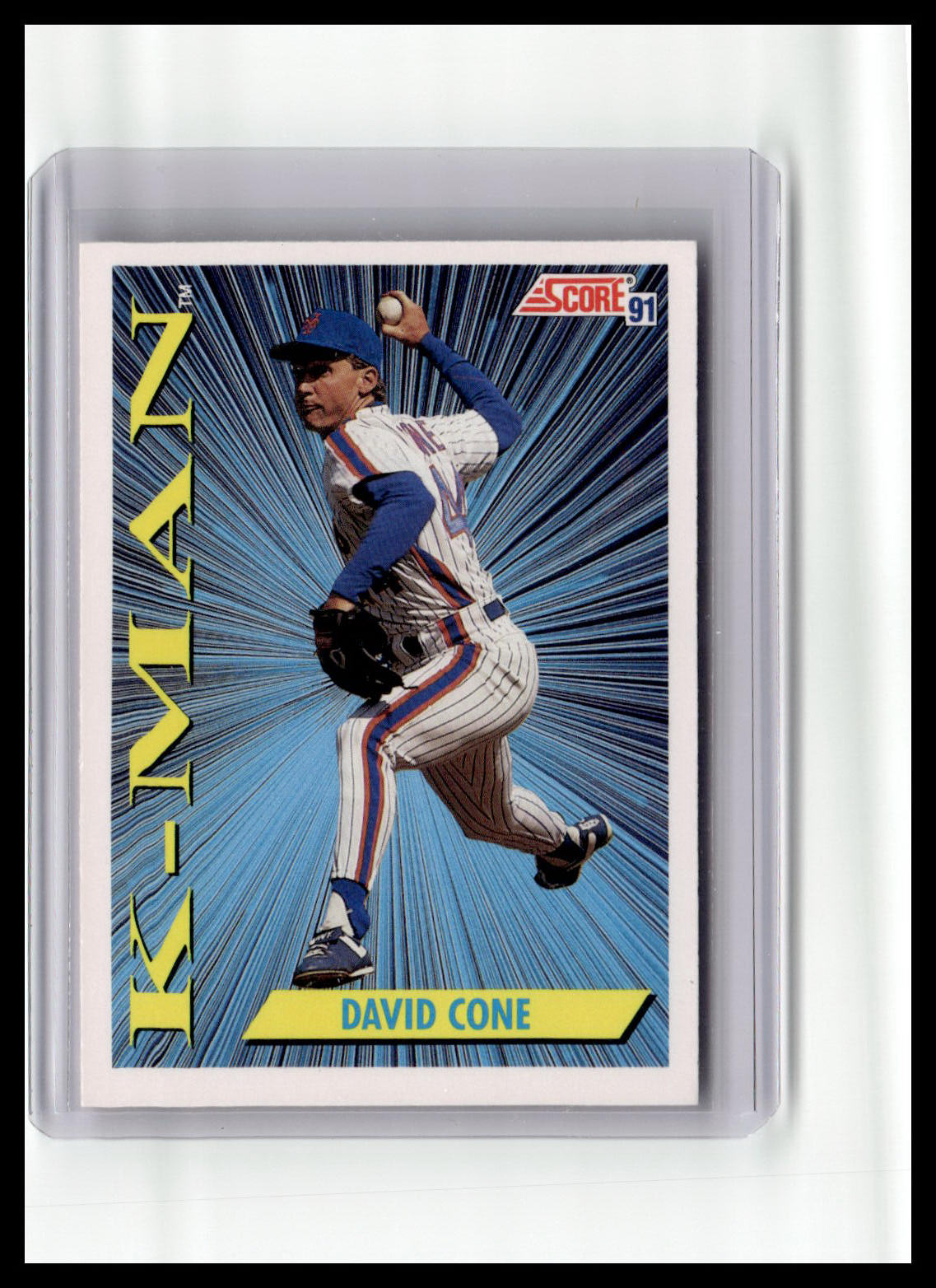 Baseball trading card of David Cone in a protective case