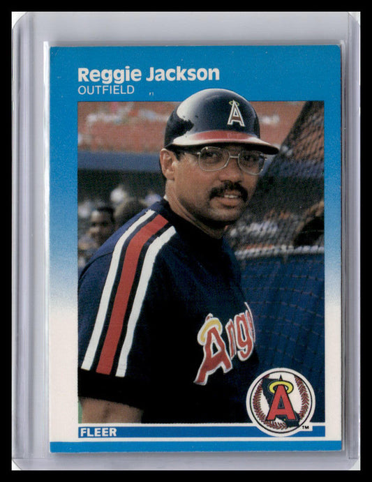 Baseball trading card of Reggie Jackson with Angels logo