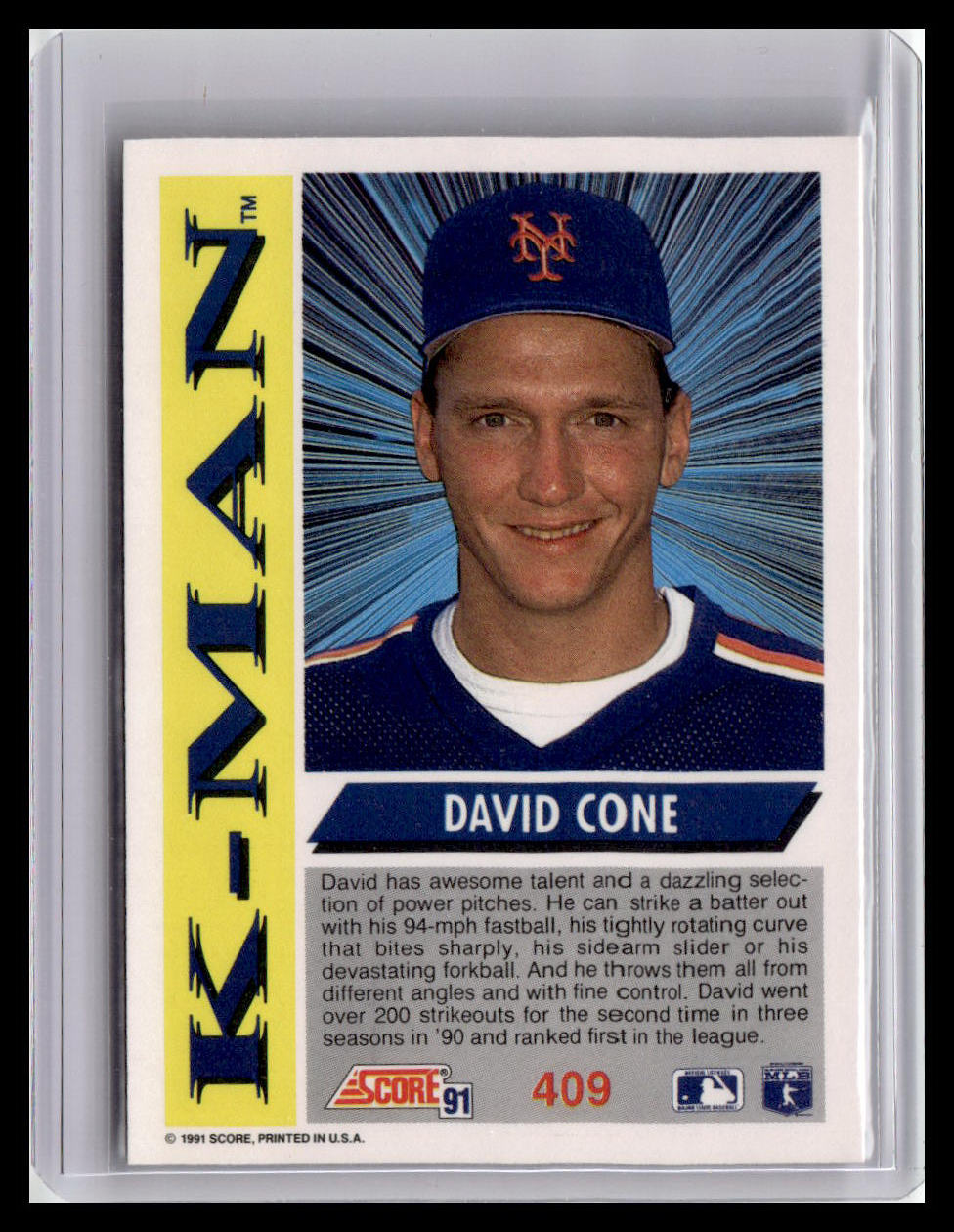Baseball trading card of David Cone with 'K-Man' nickname on a blue and yellow background