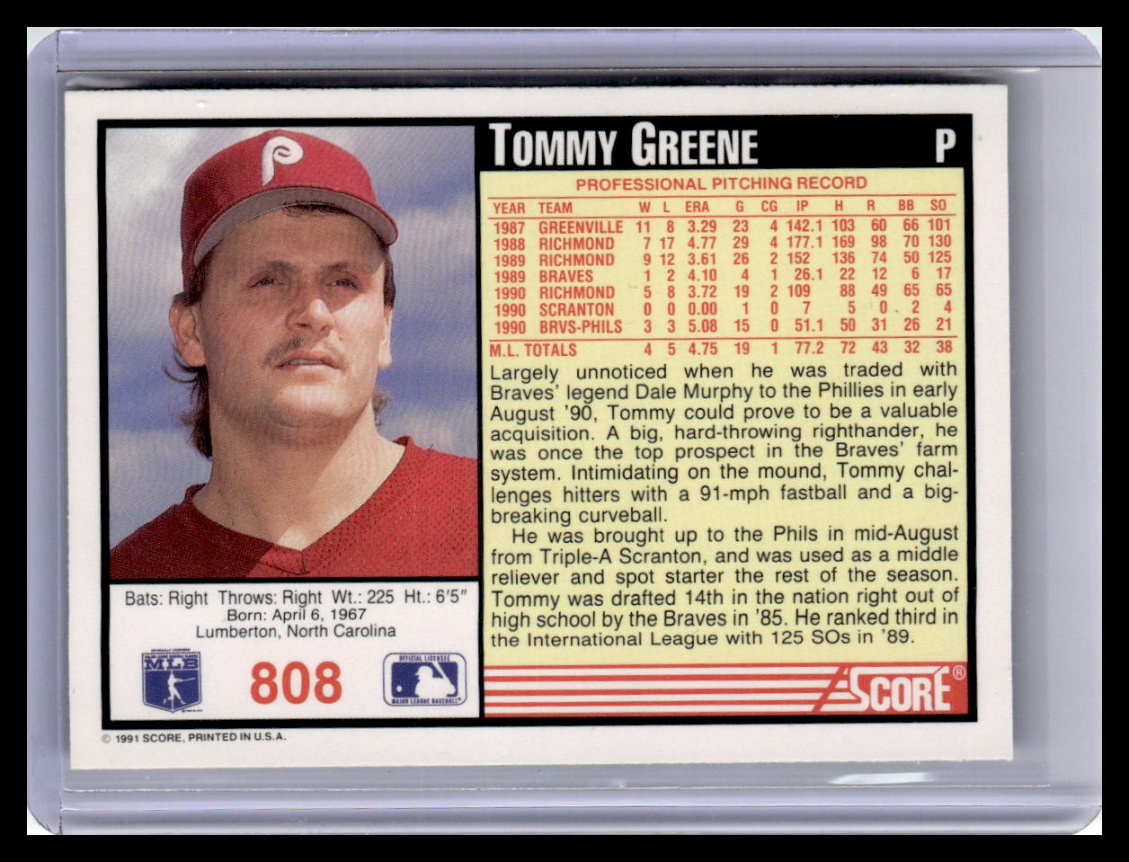 1991 Score Tommy Greene Border #808