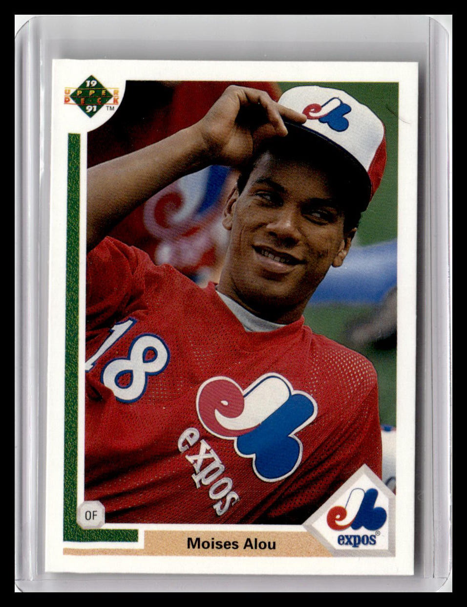 Baseball trading card of Moises Alou with Montreal Expos logo