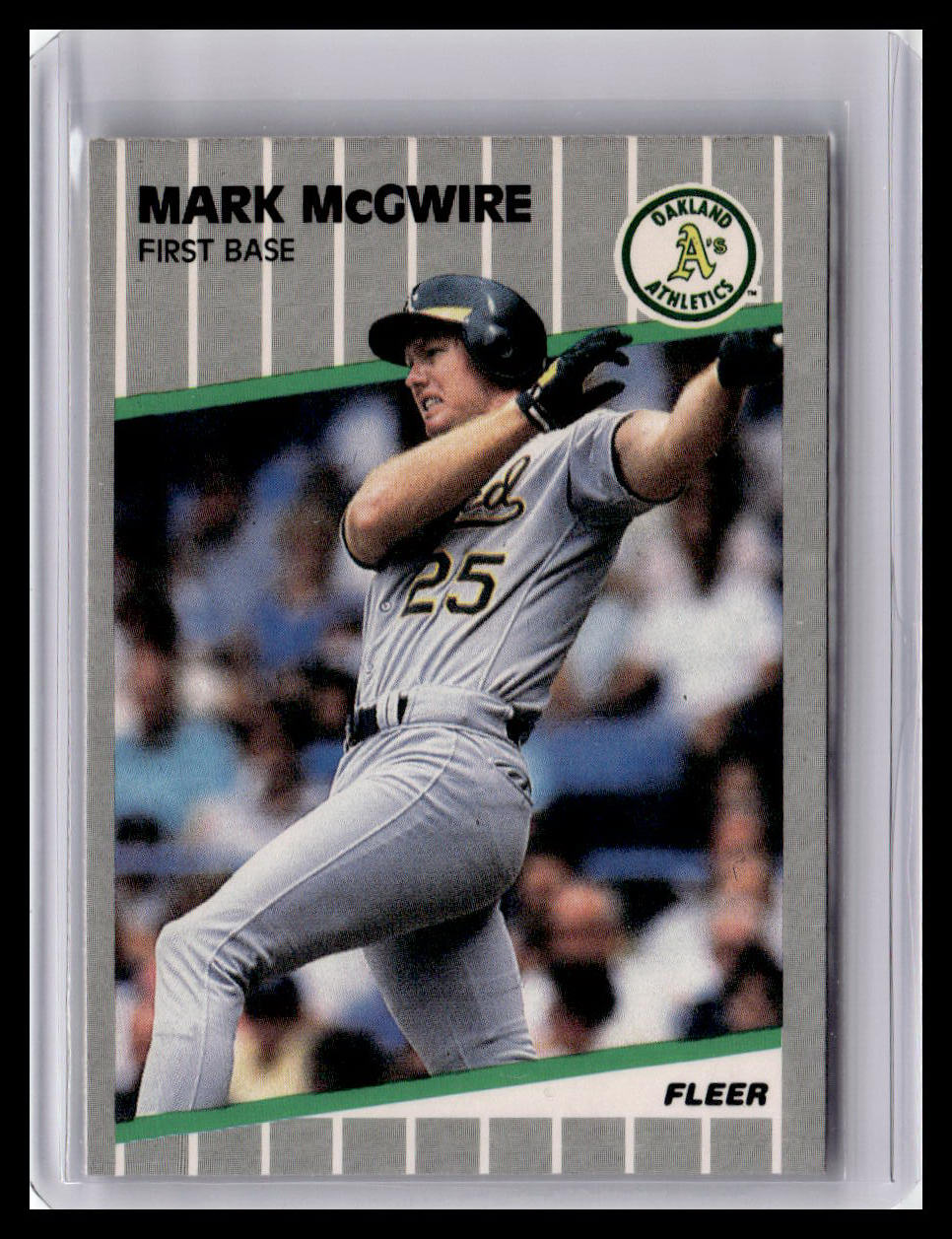 Baseball trading card of Mark McGwire with Oakland Athletics logo
