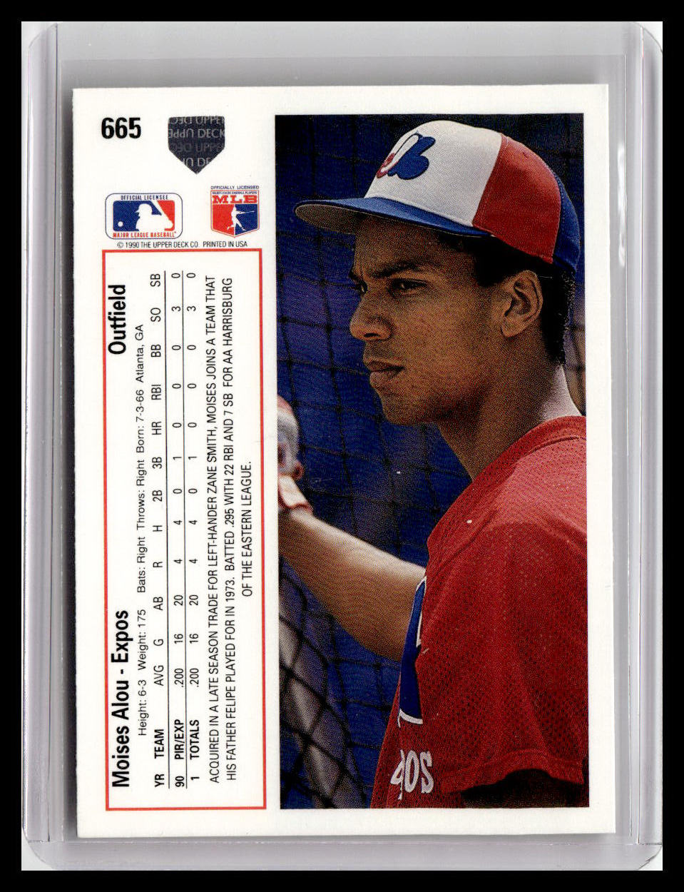 Baseball trading card of a player in a red and blue uniform with a white border