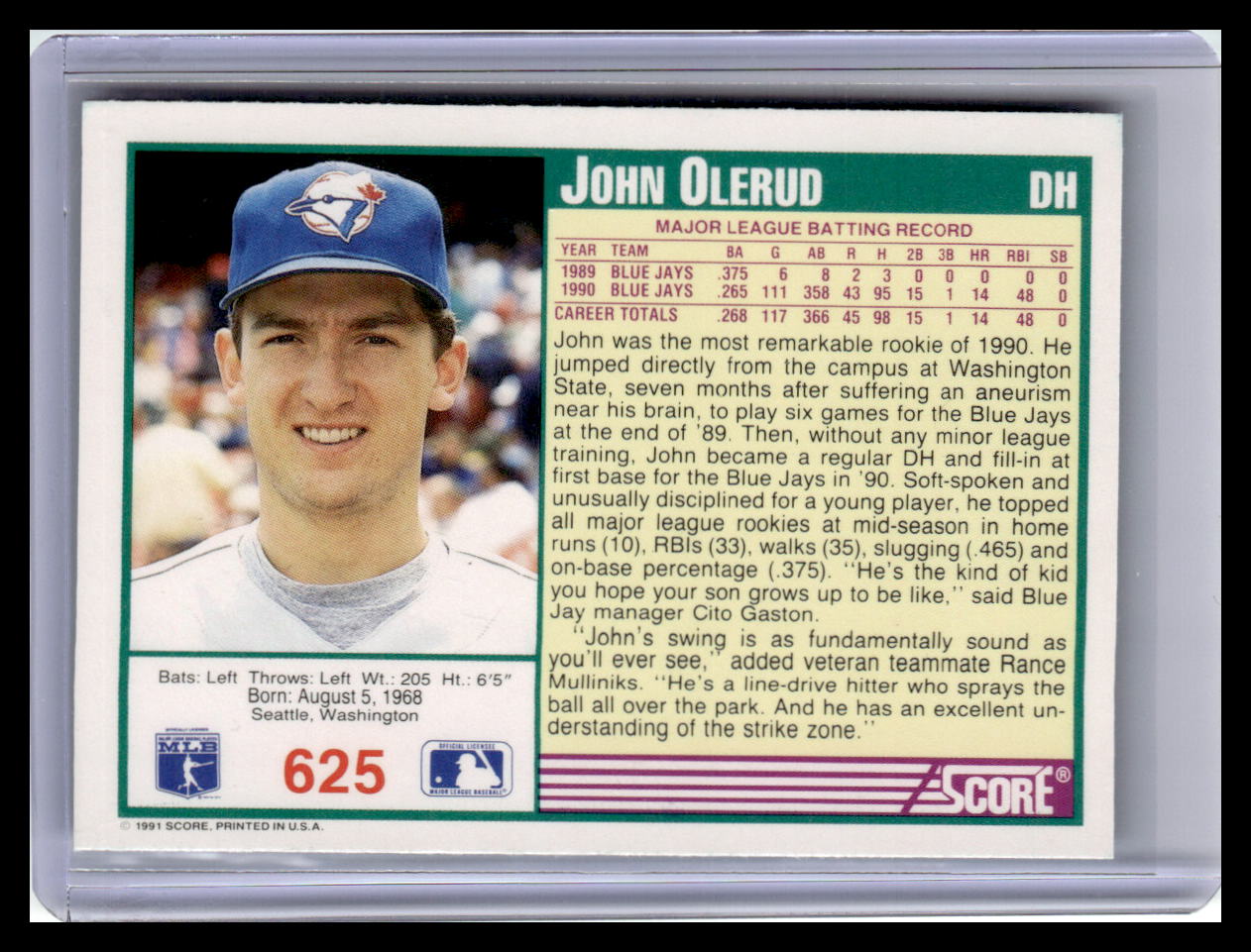 1991 Score John Olerud Teal Border #625