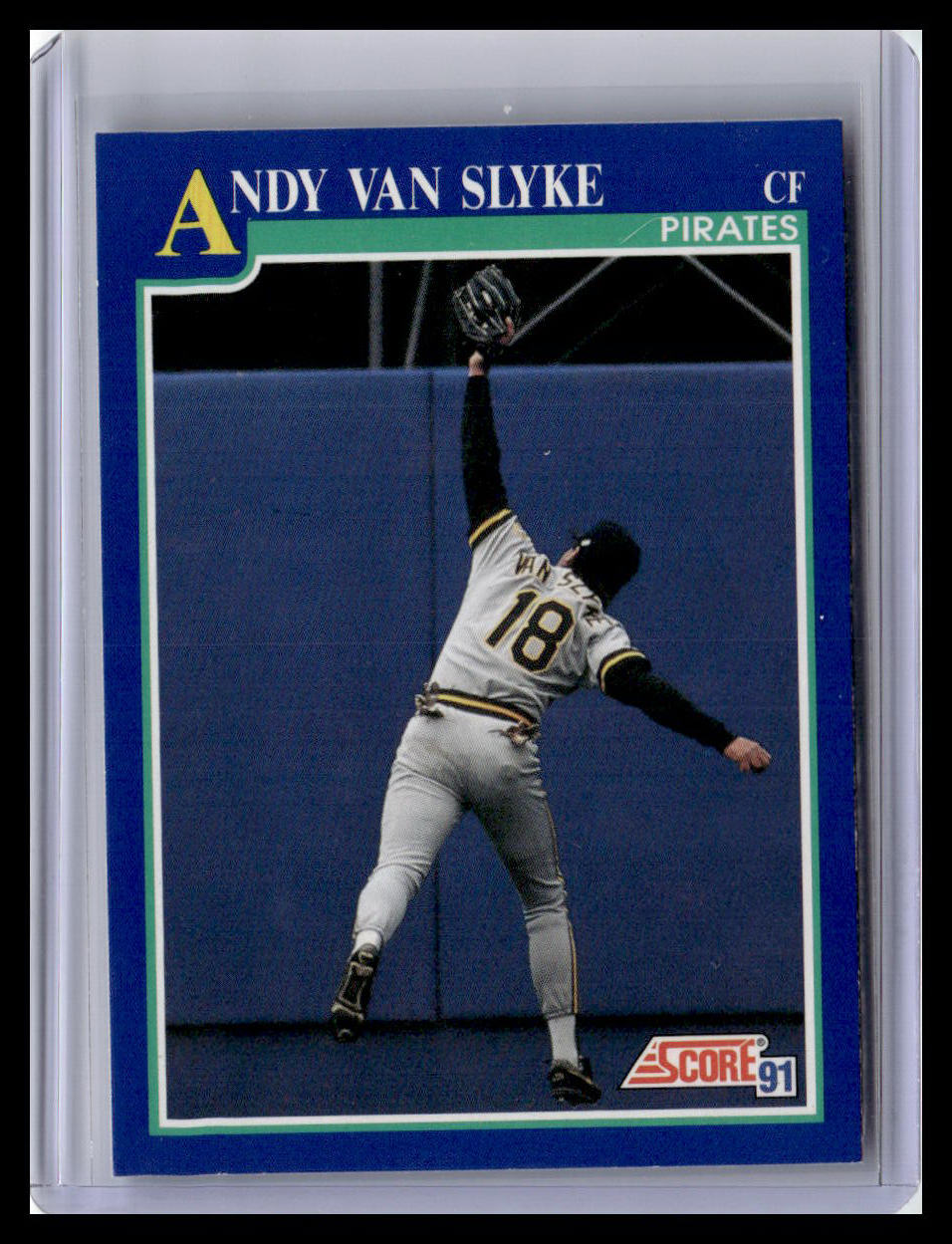 Baseball trading card of Andy Van Slyke with a blue border and 'Score' logo.