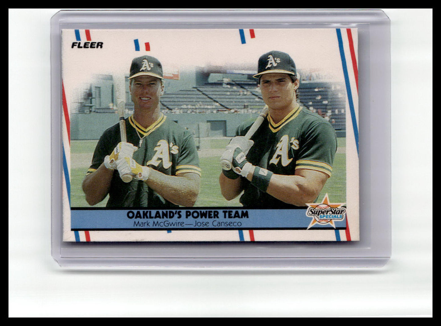 Baseball trading card featuring two players from the Oakland Athletics on a white background