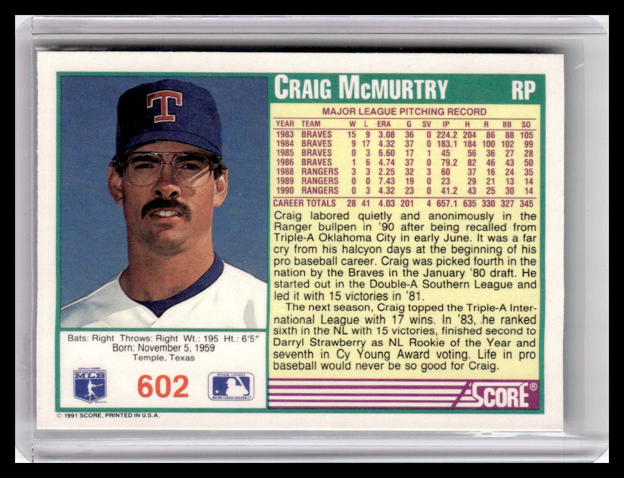 1991 Score Craig McMurtry Teal Border #602