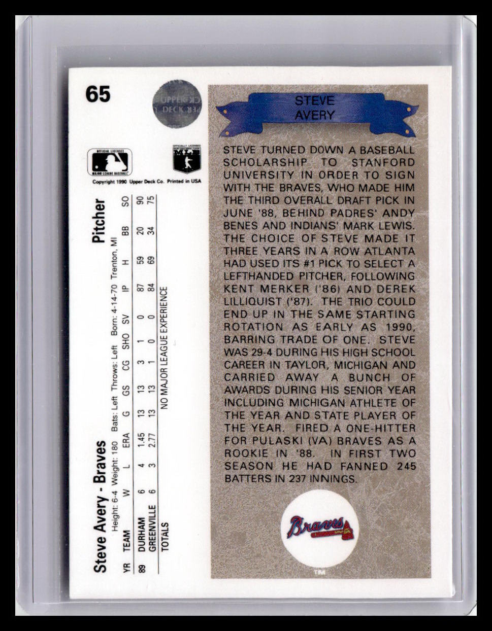 1990 Upper Deck Steve Avery RC #65