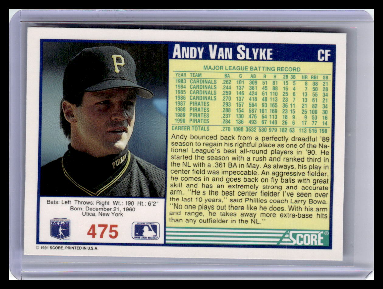 Baseball trading card of Andy Van Slyke with player photo, statistics, and text on a blue background