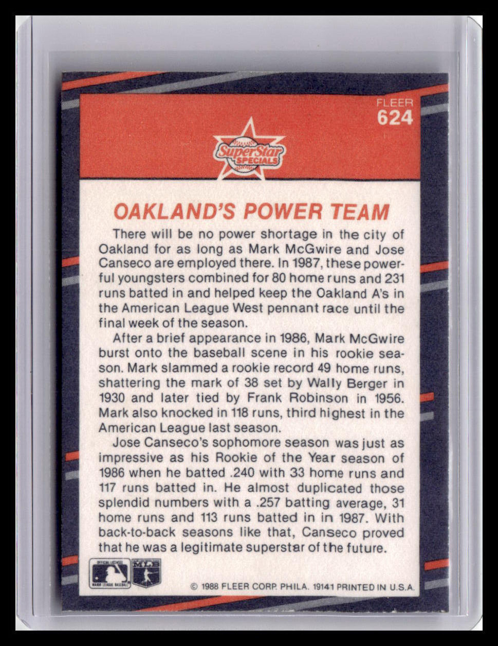 Baseball trading card back with text about Oakland's power team featuring Mark McGwire and Jose Canseco.