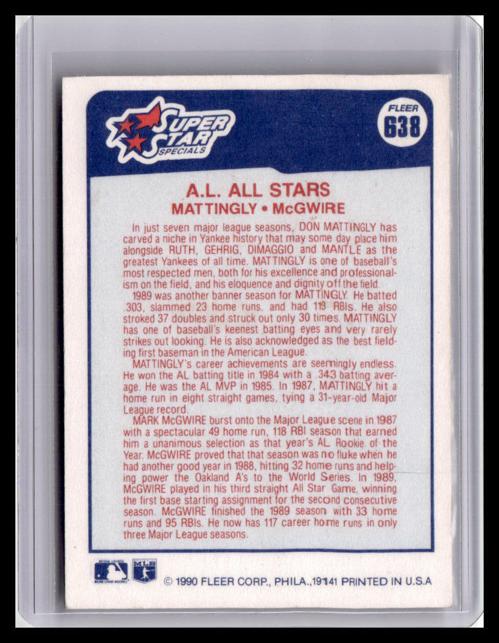 Baseball trading card back with text about Don Mattingly and Mark McGwire, featuring Fleer logo.