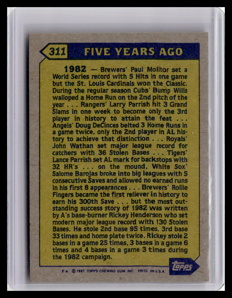 1987 Topps Rickey Henderson Turn Back The Clock #311