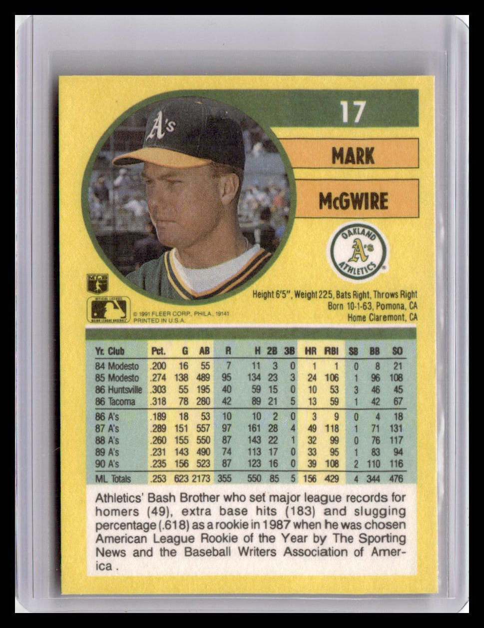 Baseball trading card featuring Mark McGwire with a yellow border and black and white text.