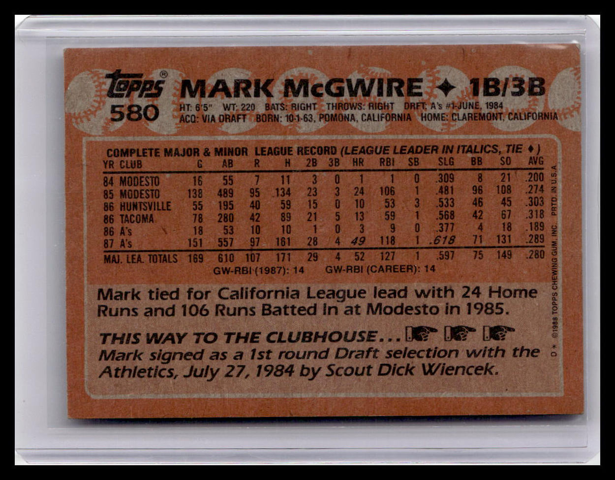 Baseball trading card back featuring Mark McGwire's statistics and career highlights.