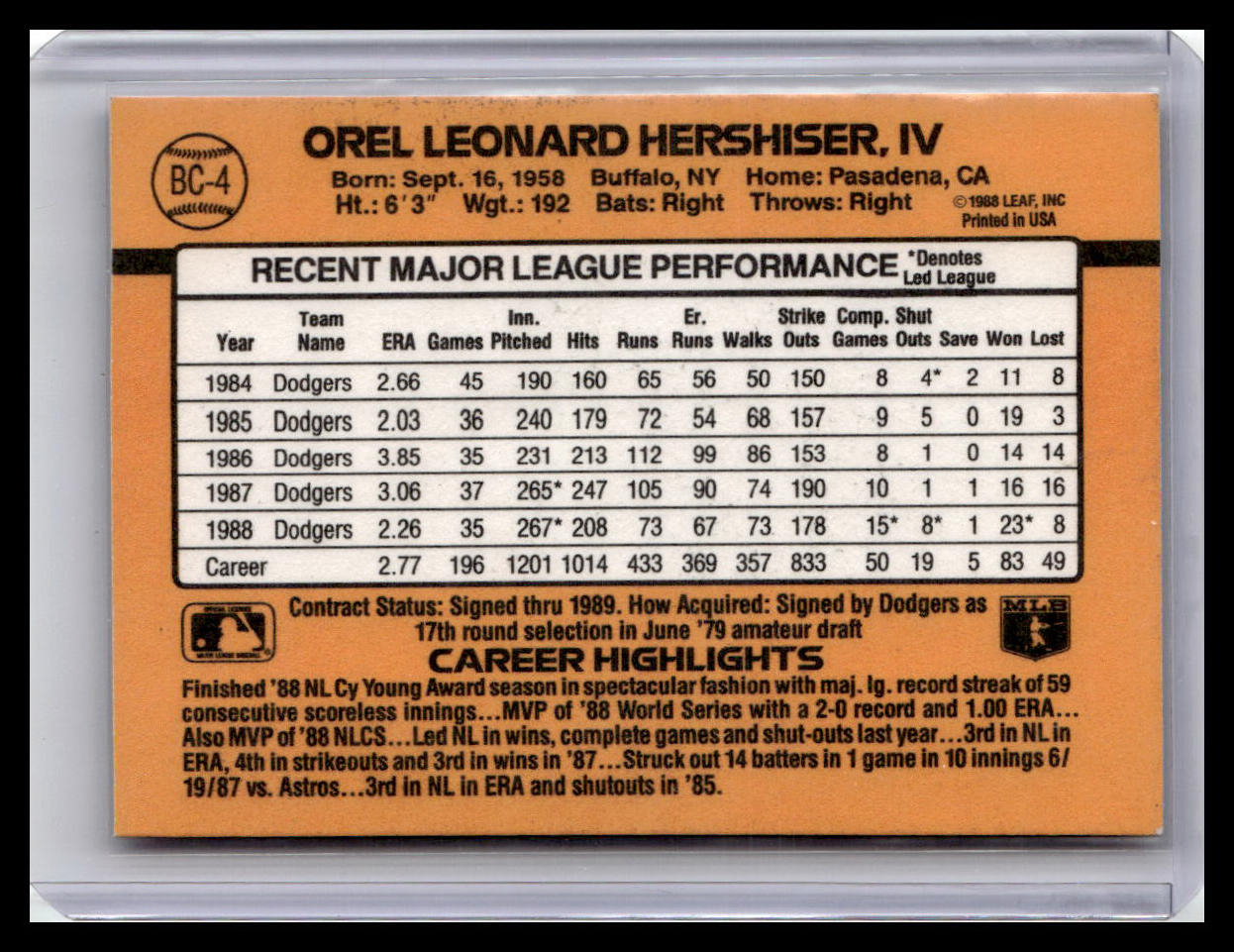 1989 Donruss Orel Hershiser MVP #BC-4 (ERROR Card-No period after Inc)