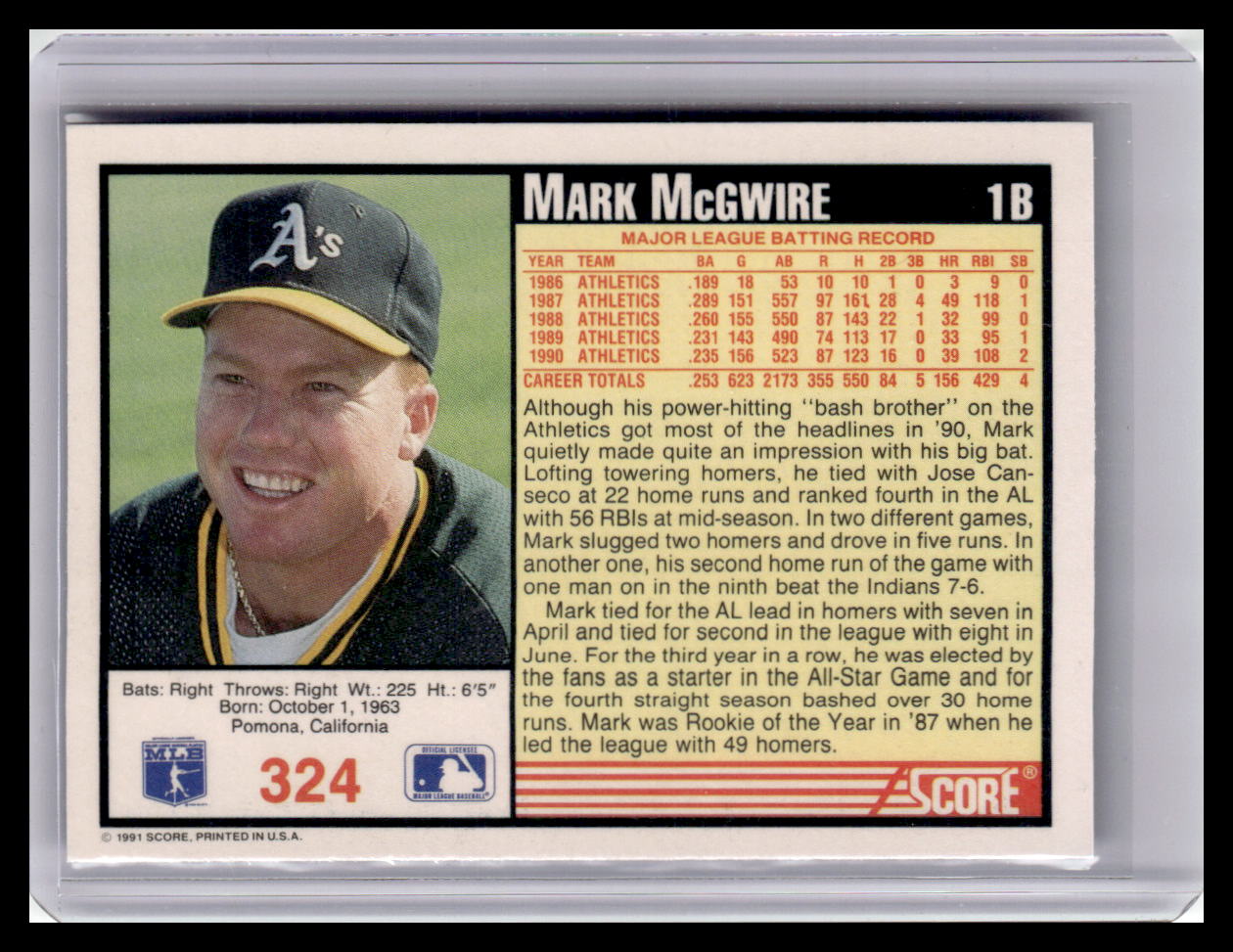 Baseball trading card of Mark McGwire with a portrait and statistics on a green field background