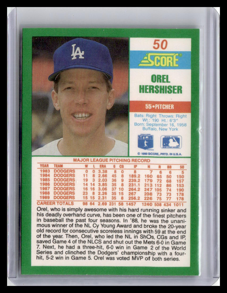 1990 Score Orel Hershiser #50