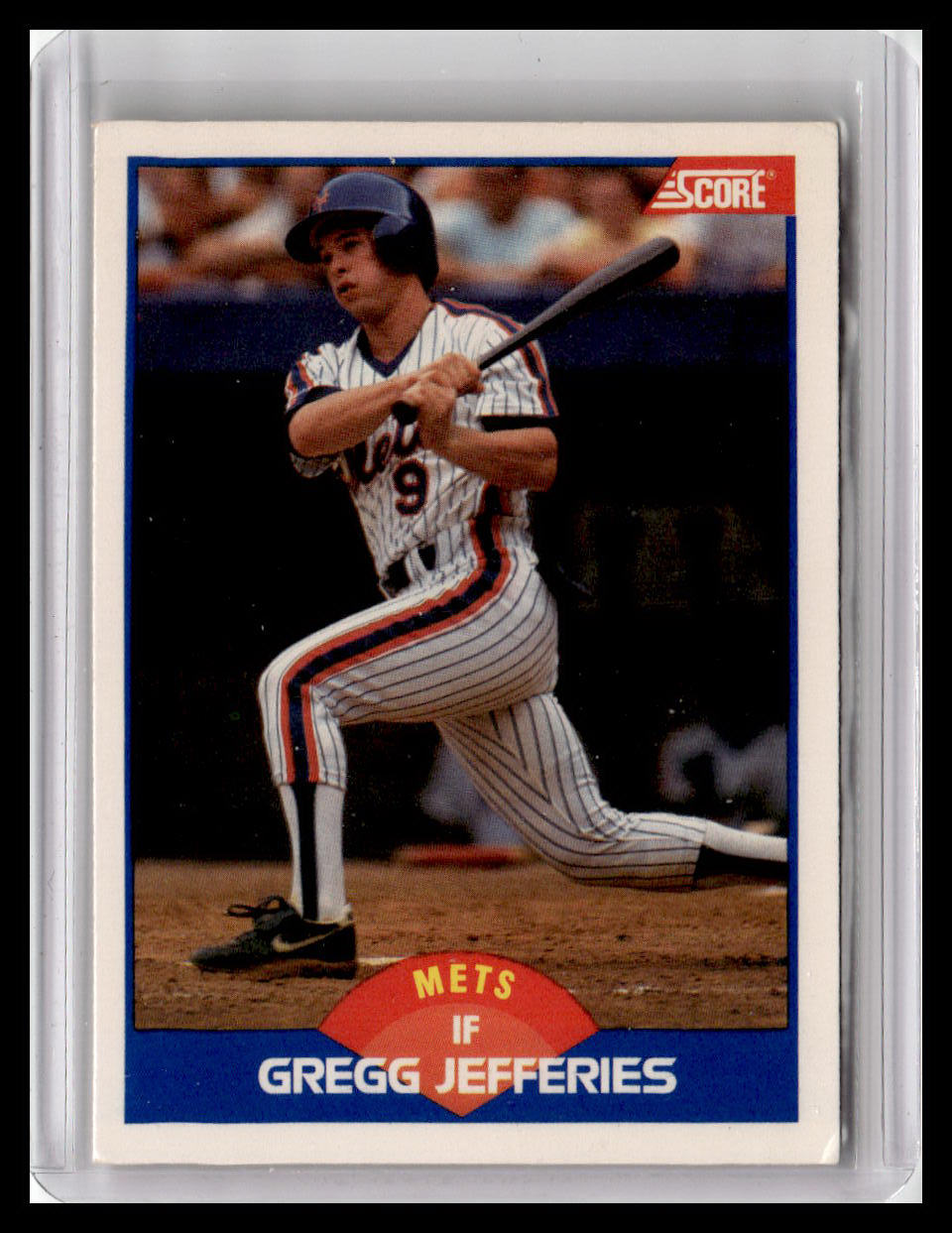 Baseball trading card of Gregg Jefferies in a Mets uniform, held in a clear plastic sleeve.
