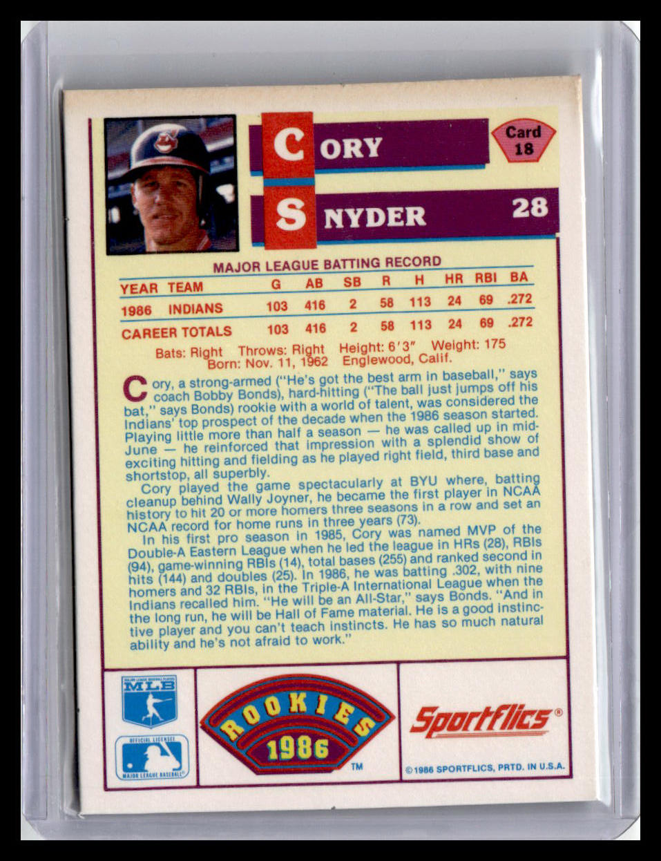 1986 Sportflics Rookies Cory Snyder #18