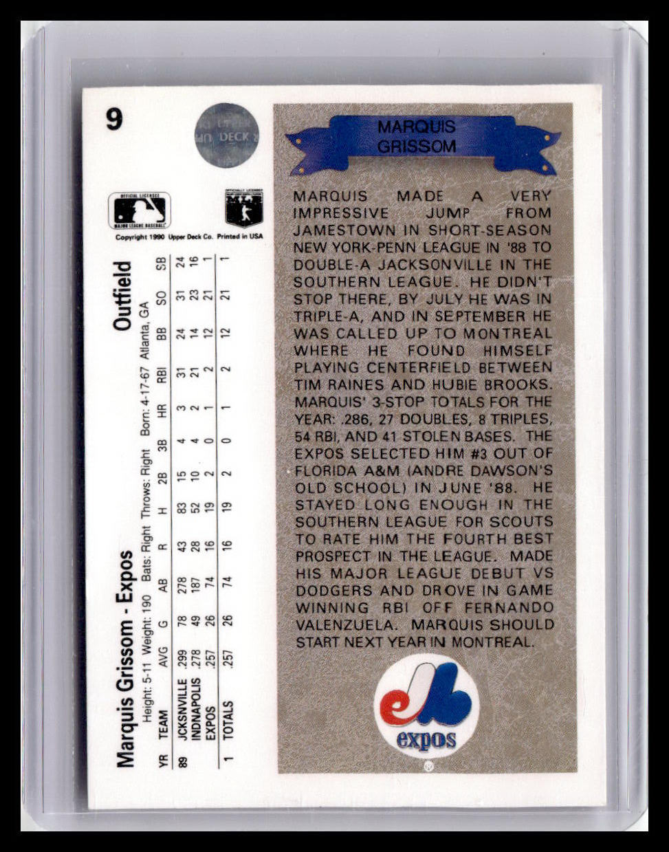 Baseball trading card back with player statistics and team logos