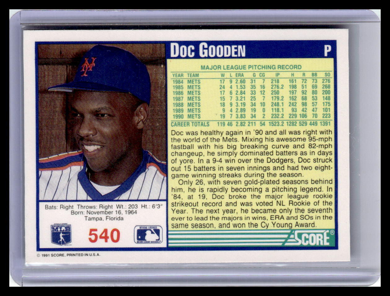 1991 Score Doc Gooden Blue Border #540