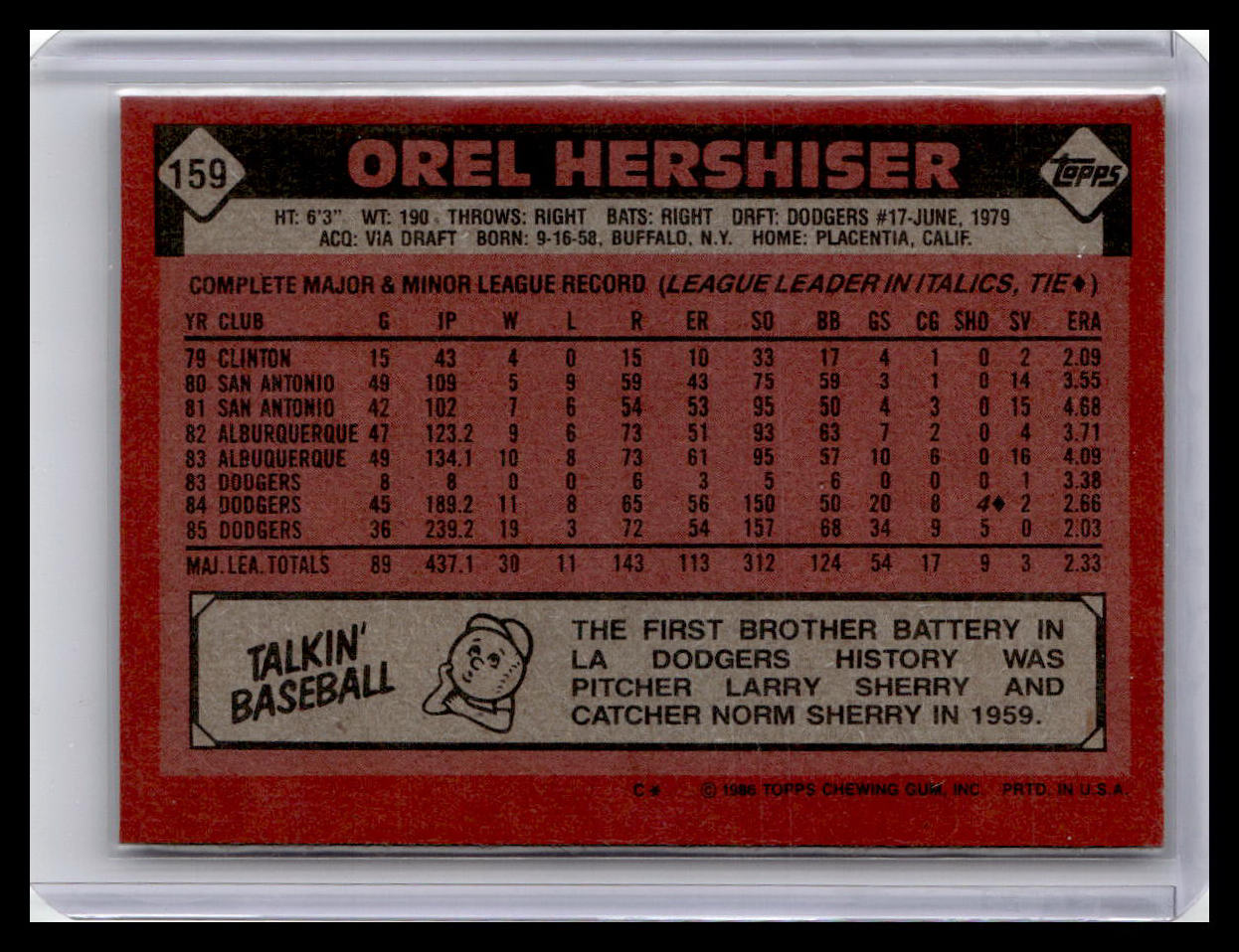 1986 Topps Orel Hershiser #159