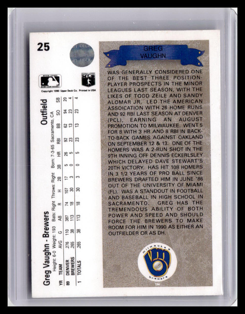 1990 Upper Deck Greg Vaughn RC #25