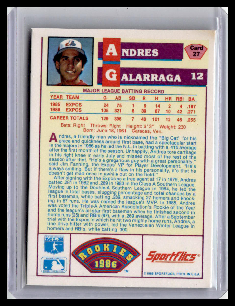 1986 Sportflics Rookies Andres Galarraga #27