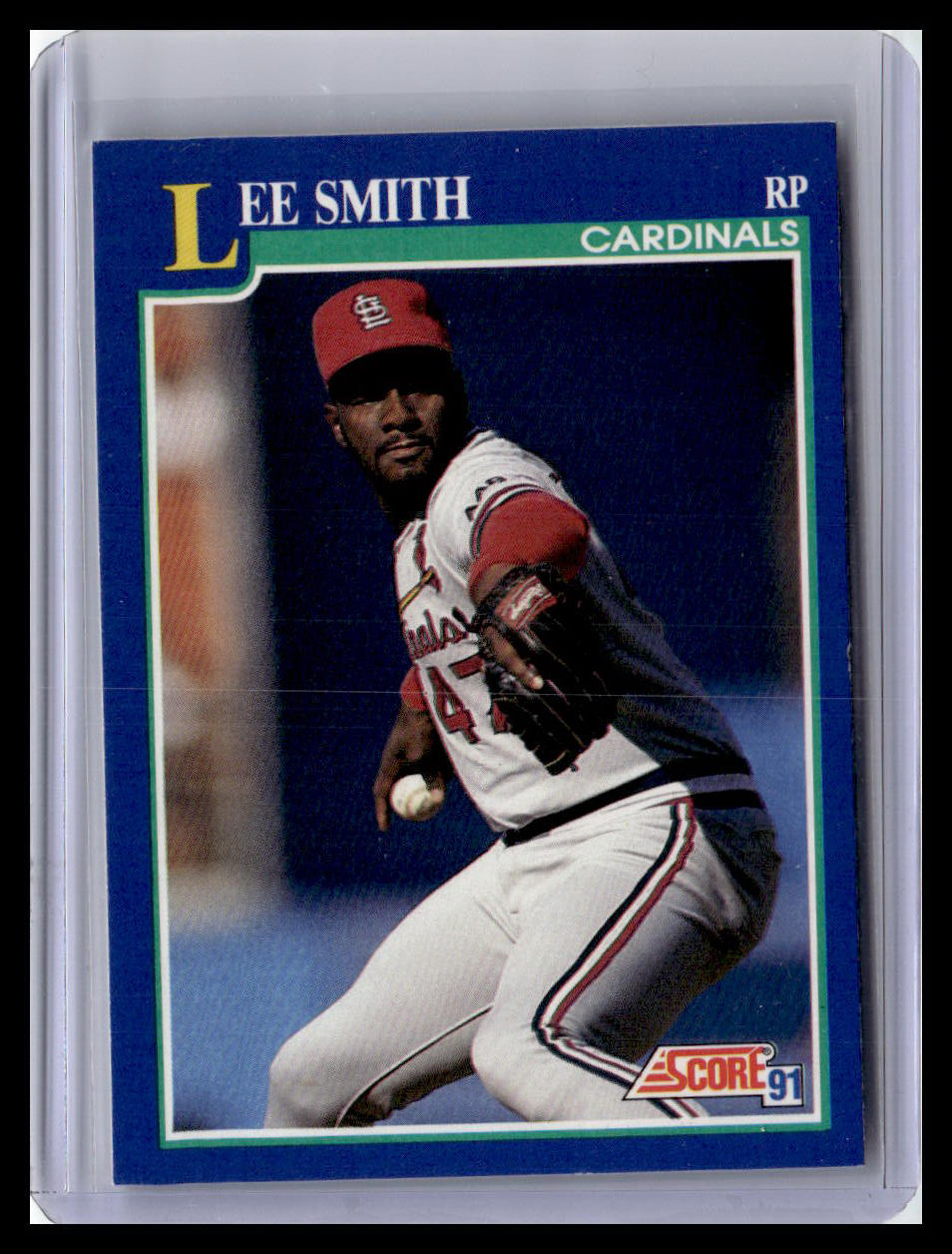 Baseball trading card of Lee Smith with a blue border and 'Cardinals' branding.