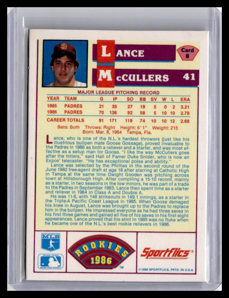1986 Sportflics Rookies Lance McCullers #8
