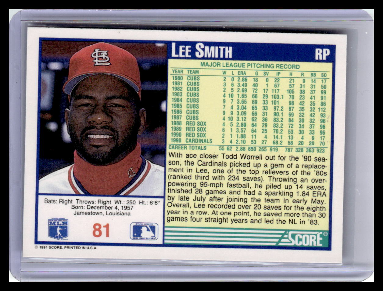 Baseball trading card of Lee Smith with player information and statistics.