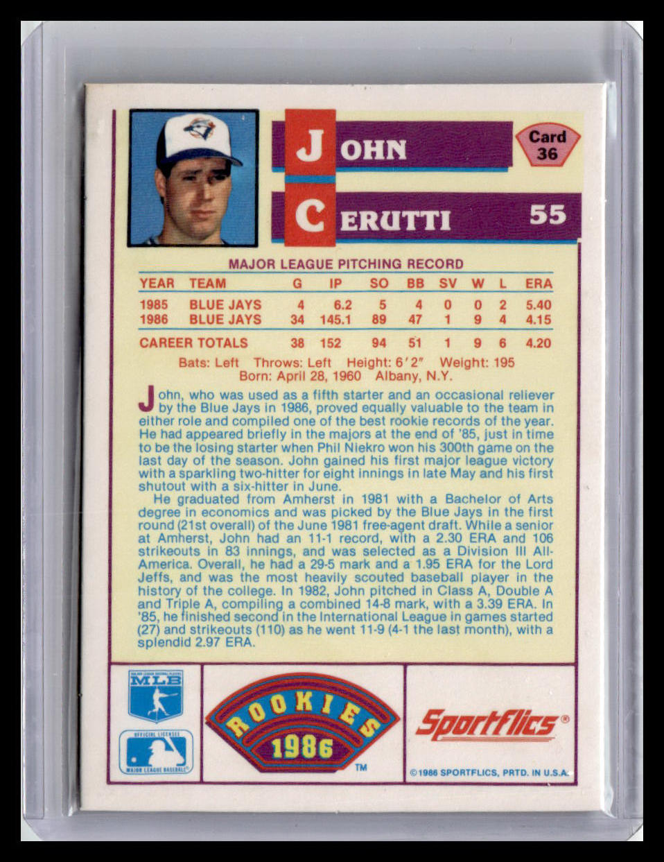 1986 Sportflics Rookies John Cerutti #36