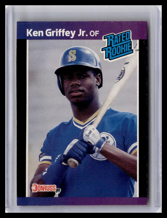 Baseball trading card of Ken Griffey Jr. with a blue helmet and bat, featuring 'Donruss' branding.