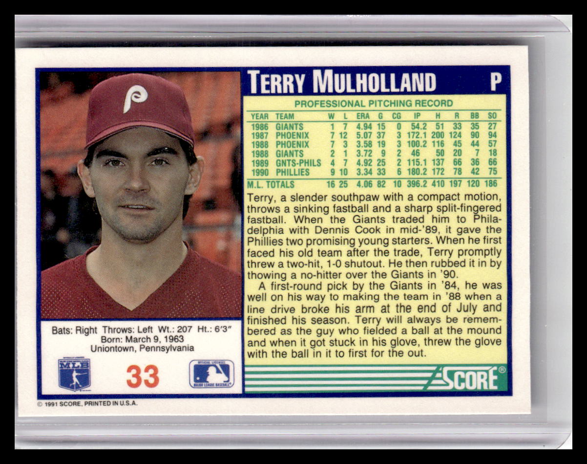 1991 Score Terry Mulholland Blue Border #33